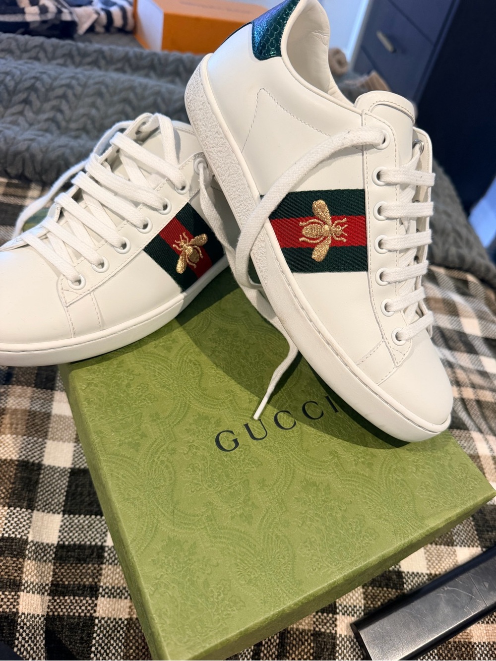 Gucci White Leather Sneakers with Green & Red Web and Gold Bee